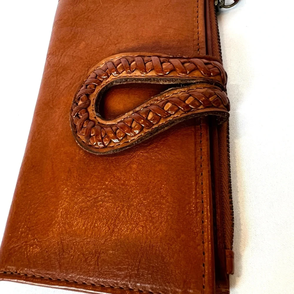 Genuine Leather Braided Tab Wallet Boho Brown Bifold Checkbook Organizer - Picture 3 of 10